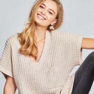 POL Ultra Soft Beige V-Neck Short Sleeve Sweater